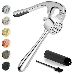Kitessensu Garlic Press Set with Silicone Peeler & Brush, Gloss Silver - Picture 1 of 8