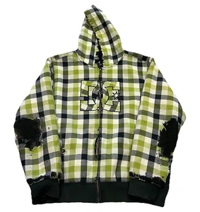 Y2K DC SKATE DISTRESSED PLAID CHECKERED GREEN ZIP UP HOODIE CYBER GRUNGE XL H16 - Picture 1 of 5