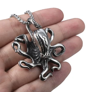Collar cadena de acero inoxidable liso pulpo bestia marina de 24" para hombre - Imagen 1 de 6