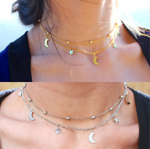 Luna Y Estrella Oro Plata Collar Cadena de Joyería Colgante Niñas Mujeres Gargantilla 6A