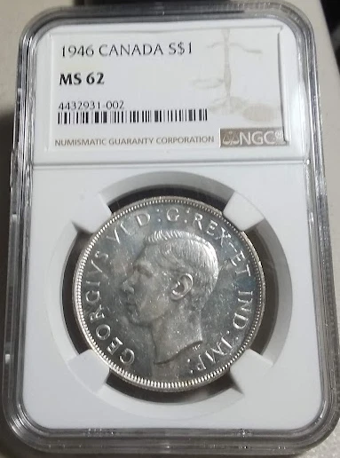 :1946 S$1 SILVER DOLLAR GEORGE-VI CANADA NGC MS62 MIRROR SURFACES RARITY R5 - Image 1 of 2