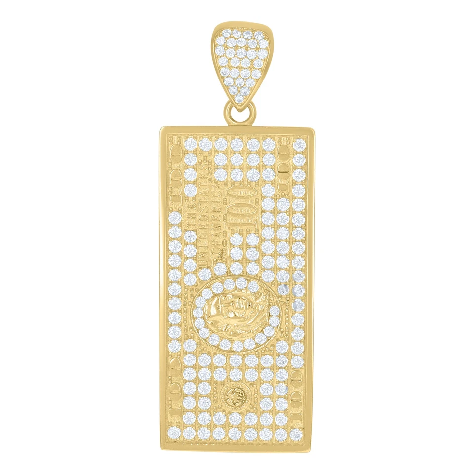 Colgante de billete de 100 dólares Benjamin con dije helado redondo de circonita cúbica de oro amarillo de 10 quilates Foto 1 de 1