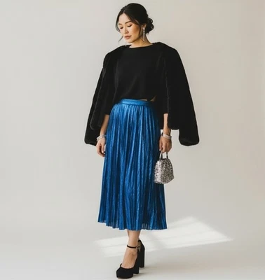 Falda Vintage Evan Picone Talla 8 P Azul Metálico Plisada Midi Hecha en Unión EE. UU. Foto 1 de 4