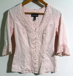 Gretty Zueger Pink Embroidered Blouse Small Cotton Peru Cottagecore Boho Floral - Picture 1 of 6