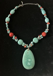 Colgante grande ovalado cuentas pequeñas y grandes vintage grueso turquesa/coral - Imagen 1 de 20