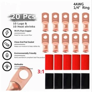 (10) 4AWG Gauge Copper Ring Terminals 1/4" RED/BLACK Heat Shrink Tubing LUGS - Picture 1 of 6