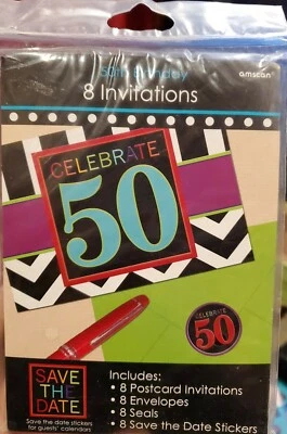 50th BIRTHDAY PARTY INVITATIONS (8) ~ Includes envelopes, seals & save the dates Foto 1 de 3
