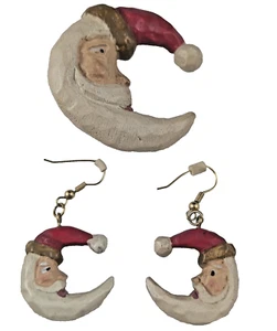 Santa Crescent Moon VTG Brooch Pin Hook Earrings Set Faux Wood Resin Painted - Picture 1 of 2