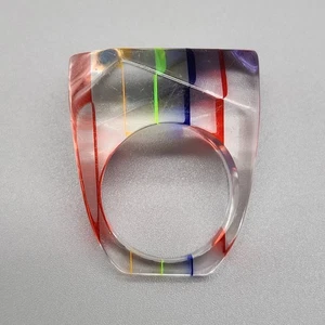 Vtg Striped Lucite Ring Red Blue Sz 6.75 MCM 60s 70s Women's Chunky Green Yellow - Picture 1 of 7