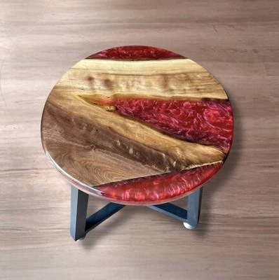 Round Live Edge Epoxy Resin Black Walnut Wood End Table Handmade | Red Burgundy - Image 1 of 4