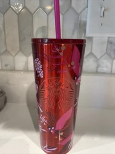 Starbucks Holiday Christmas 2021 Vaso Frío Metal Rosa Rojo Poinsettia 16oz Nuevo - Imagen 1 de 6
