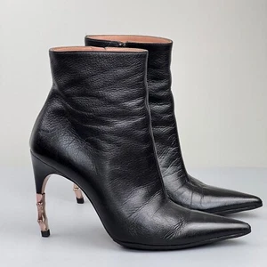 GUCCI Black Leather Bamboo Heel Mid Boots Zip Shoes Size 7 B Pointed Toe Heels - Picture 1 of 14