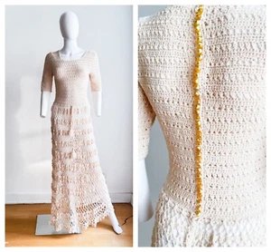Vintage Crochet open Knit Ivory Cream Maxi Dress w Back Button Closure S - Picture 1 of 12