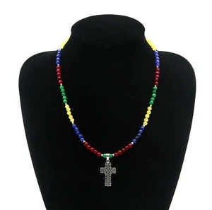 Necklace Beads Of Ruby, Sapphire, Emerald, Aventurine Cross Solid Silver - Picture 1 of 6