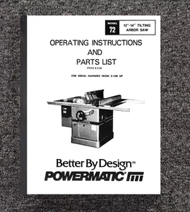 12-14in 1989 Tilting Arbor Saw Operating & Parts Manual Fits Powermatic 72 8872 - Picture 1 of 16