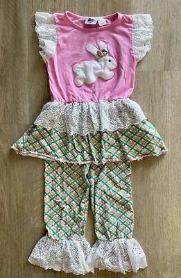 Ann Loren Easter Set Big Girls Size 9/10 Tunic Top & Ruffle Pants Bunny Lace - Image 1 of 4