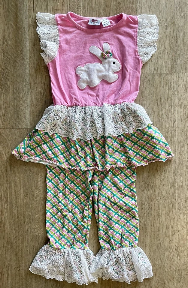 Ann Loren Easter Set Big Girls Size 9/10 Tunic Top & Ruffle Pants Bunny Lace - Image 1 of 4