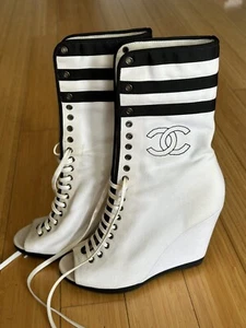 CHANEL White & Black Peep-Toe Logo Canvas Platform Sneakers/ Shoe Boots Sz. 36.5 - Picture 1 of 13