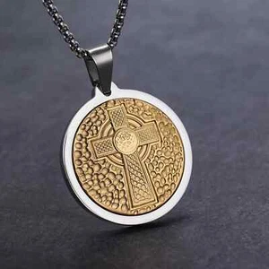 Vintage Viking Celtic Cross Round Hanging Tag Stainless Steel Pendant Necklace - Picture 1 of 6