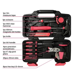 39Pcs Pink Hand Tool Set General Household Tool Kit Storage Plastic Toolbox - Picture 1 of 11