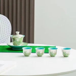 Juego de té completo plateado gaiwan taza de té a juego toalla hecho a mano floral nuevo - Imagen 1 de 12