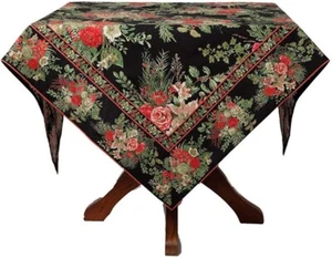April Cornell Merry Black Antique Holiday Tablecloth Floral Holly Pine  60 x 84" - Picture 1 of 4