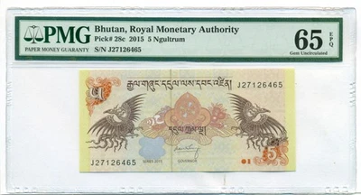 Billete de banco Bután 2015 5 Ngultrum gema sin circular 65 EPQ PMG Foto 1 de 4