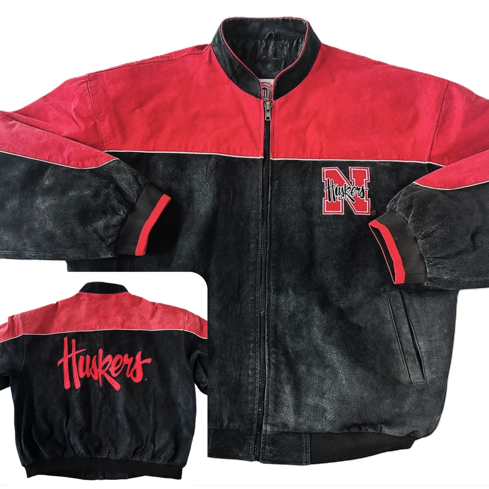 Jaqueta Bombardeiro Masculina Vintage Essex Camurça Extra Grande Pesada Nebraska Cornhuskers Preto Ponto Vermelho - Imagem 1 de 4