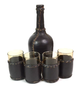 Vintage Leather Wrapped Bottle with Cork and 4 Drinking Glass Barware Set - Picture 1 of 9