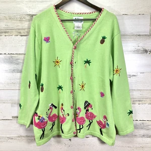 Suéter cárdigan bordado lentejuelas flamenco verde lima Quacker Factory para mujer 1X - Imagen 1 de 15