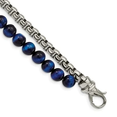 Stainless Steel Polished Box Chain & Blue Tiger's Eye 2 Strand 8.5in Bracel - Image 1 of 3