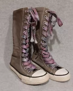Converse Chuck Taylor grau Knie Hi Turnschuhe Jugend Gr. 12 lila funkelnde Schnürsenkel Bild - Bild 1 von 12