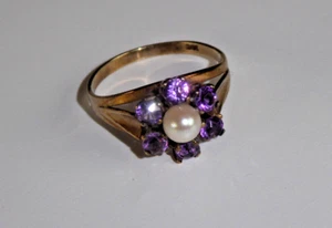 Ring - Gelbgold 333 -  Perle, Entourage mit geschliffenen Amethysten - Gr. 53/54 - Bild 1 von 7