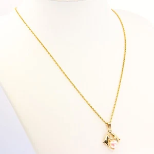 Vintage 14k Gold Dolphin Pearl Pendant Necklace 16" Chain Boxed Gift - Picture 1 of 13