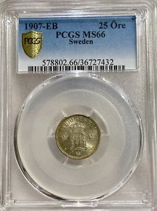 1907 EB Sweden Silver 25 Ore Last Oscar II Silky & Lustrous NGC MS66 TOP POP - Picture 1 of 2