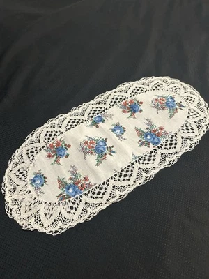 Antigo MCM Impresso Floral em Linho Creme Guardanapo Mão Bainha de Crochê 20"x9.5" Casa de Campo - Imagem 1 de 4