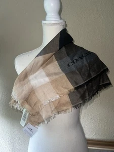 NWT Coach F54253  BLK/ Beige/Gray Plaid Wrap 50"x50" Square Scarf  Retail $175 - Picture 1 of 6