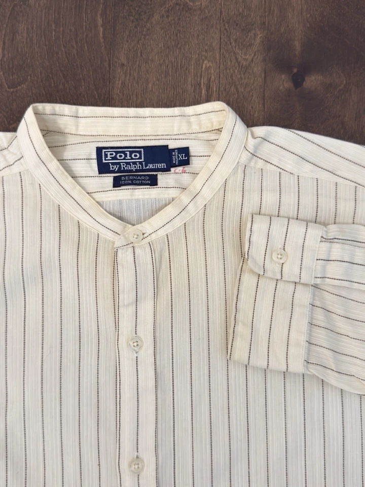 Camisa polo masculina vintage Ralph Lauren Bernard tamanho XL listrada marfim colarinho com faixas - Imagem 1 de 4