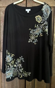 J JILL Embroidered Top Womens Size XL Black Floral Paisley Long Sleeve - Picture 1 of 5