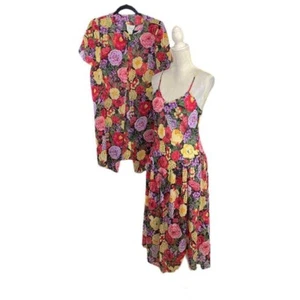 Faye Floral Slip Dress & Shrug/Cover Set Baskische Taille Halbtransparent 90er Vintage S - Bild 1 von 11
