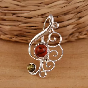 Baltic Amber 925 Sterling Silver Treble Clef Music Note Brooch Pin Jewellery - Picture 1 of 7