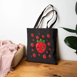Kawaii Strawberry Canvas Tote Bag, Eco-Friendly Shopping Bag, Fruit Lovers - Picture 1 of 11