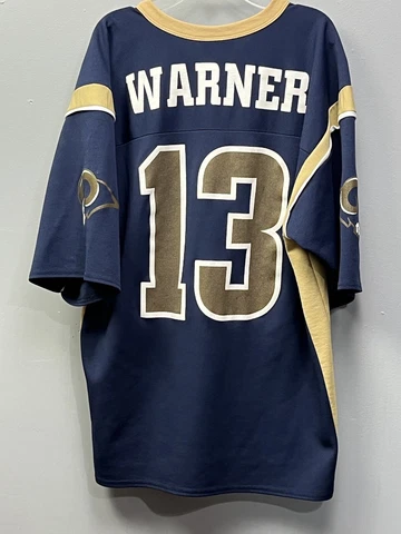 Vtg Logo Athletics NFL St Louis Rams Kurt Warner #13 Blue Gold Jersey Mens large Cover
