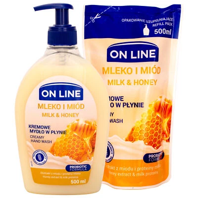 (3,98 EUR/l) On Line CREAMY Flüssigseife-SET Milch & Honig 1000ml - Bild 1 von 3