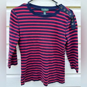 Lauren Jeans Co Striped Top Button Shoulder Detail 3/4 Sleeve Size Petite Medium - Picture 1 of 5