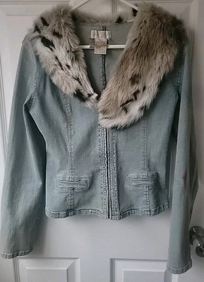 *Raro* Chaqueta vaquera vintage elástica para mujer bebé PHAT piel sintética lavado claro talla S  Foto 1 de 4