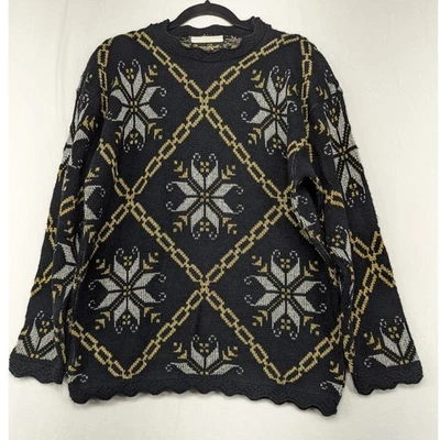 Suéter Dana Scott Grande Negro Dorado Plata Fair Isle Copo de Nieve Vacaciones Pullover Foto 1 de 4