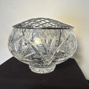 Crystal Glass Footed Rose Bowl Posy Vase Double Metal Frong 12cm Diameter - VGC - Picture 1 of 7