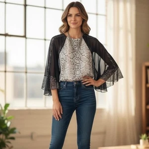 Elie Tahari Batwing Reptile Print Blouse Navy Sheer Flowy Wimsigoth Size Medium - Picture 1 of 8