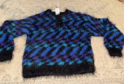 Cárdigan mohair vintage diseño islandés colorido azul negro púrpura para mujer talla mediana Foto 1 de 4